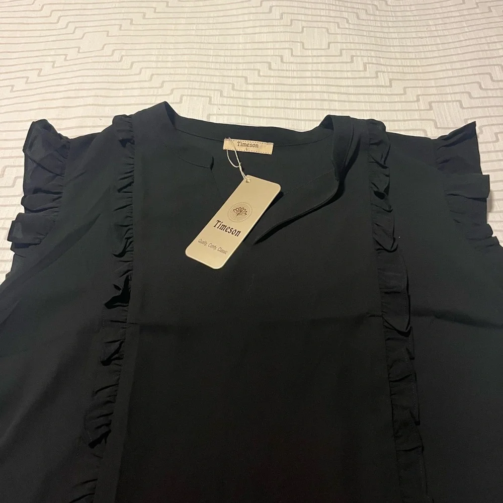 Timeson Black Ruffle-Trim Sleeveless Blouse - Picture 3 of 5
